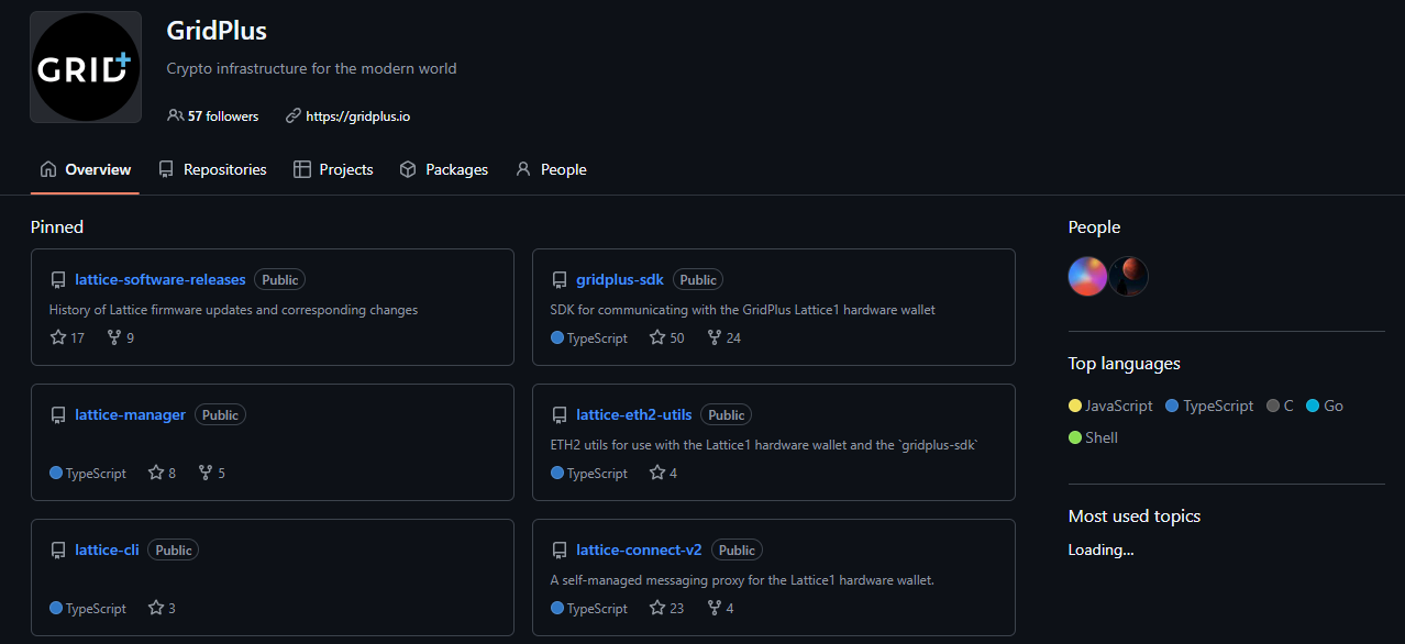 Capture of the GridPlus GitHub organization page with two members listed under People